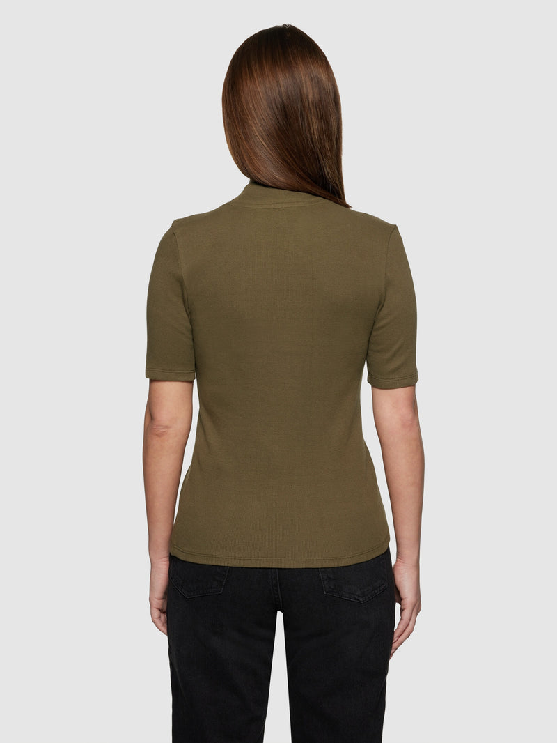 KnowledgeCotton Apparel - WMN Rib high neck SS T-shirts 1100 Dark Olive