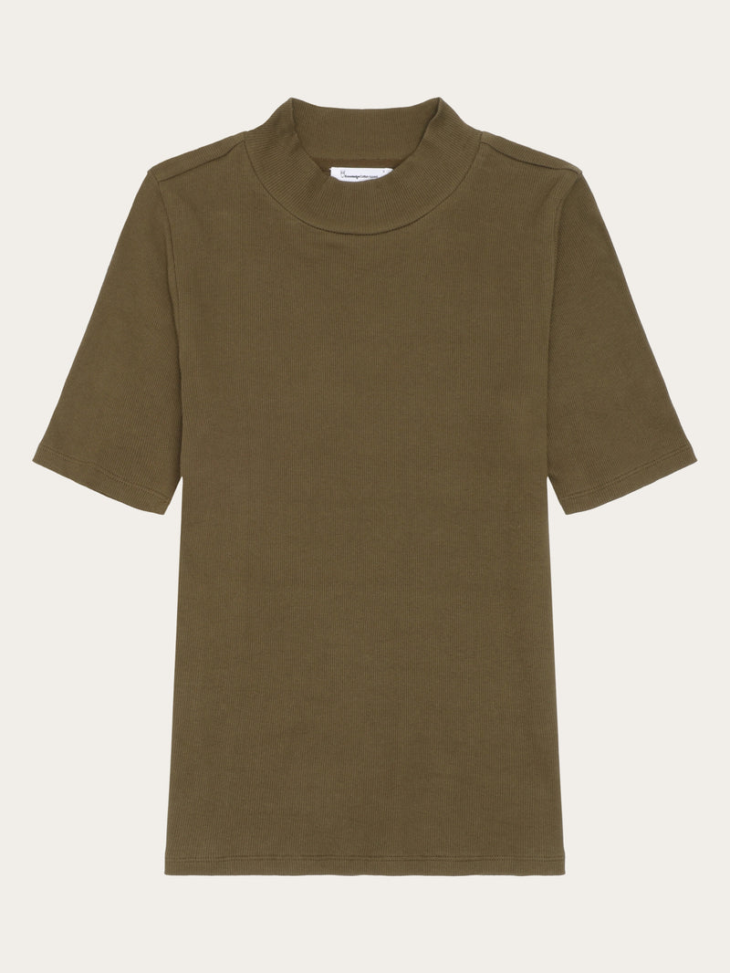 KnowledgeCotton Apparel - WMN Rib high neck SS T-shirts 1100 Dark Olive