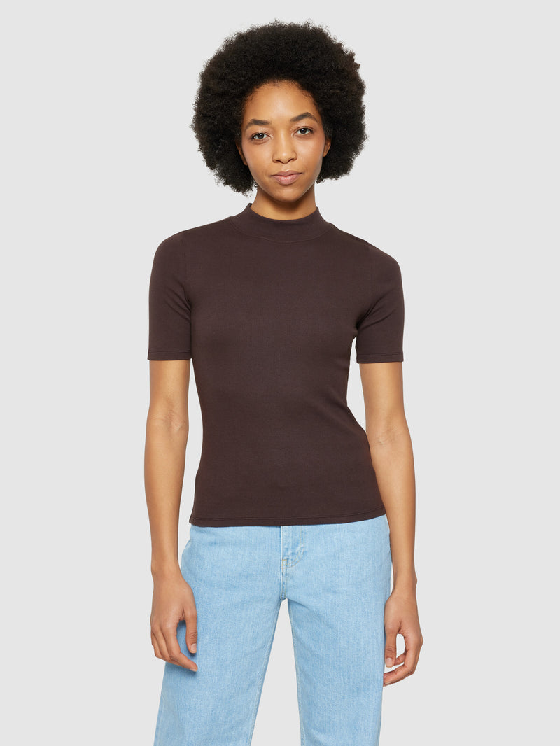 KnowledgeCotton Apparel - WMN Rib high neck short sleeve T-shirts 1394 Chocolate Plum