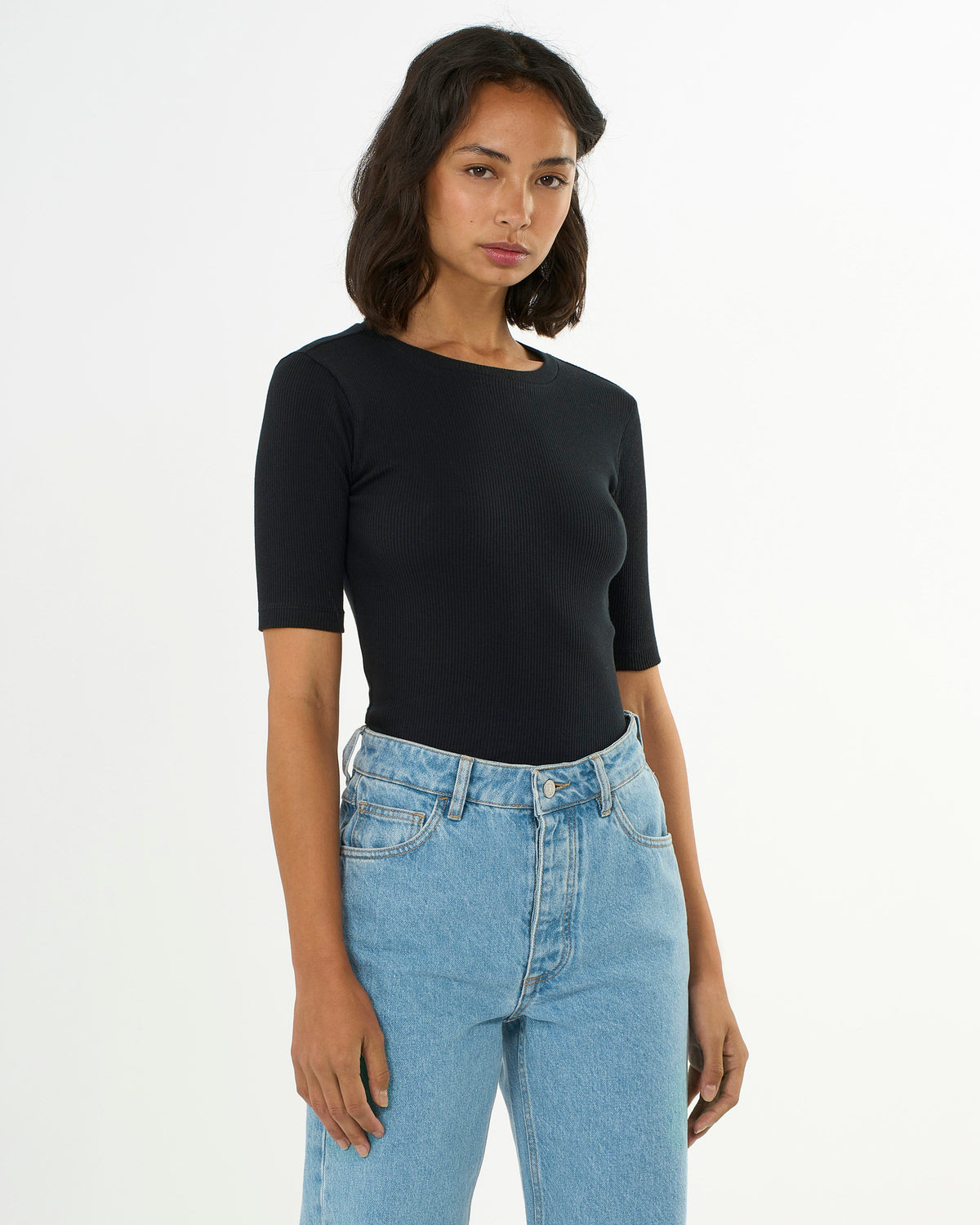KnowledgeCotton Apparel - WMN Rib t-shirt T-shirts 1300 Black Jet