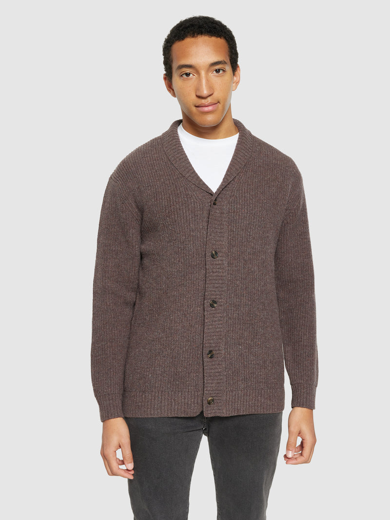 KnowledgeCotton Apparel - MEN Shawl neck wool cardigan - RWS Knits 1243 Demitasse (brown)