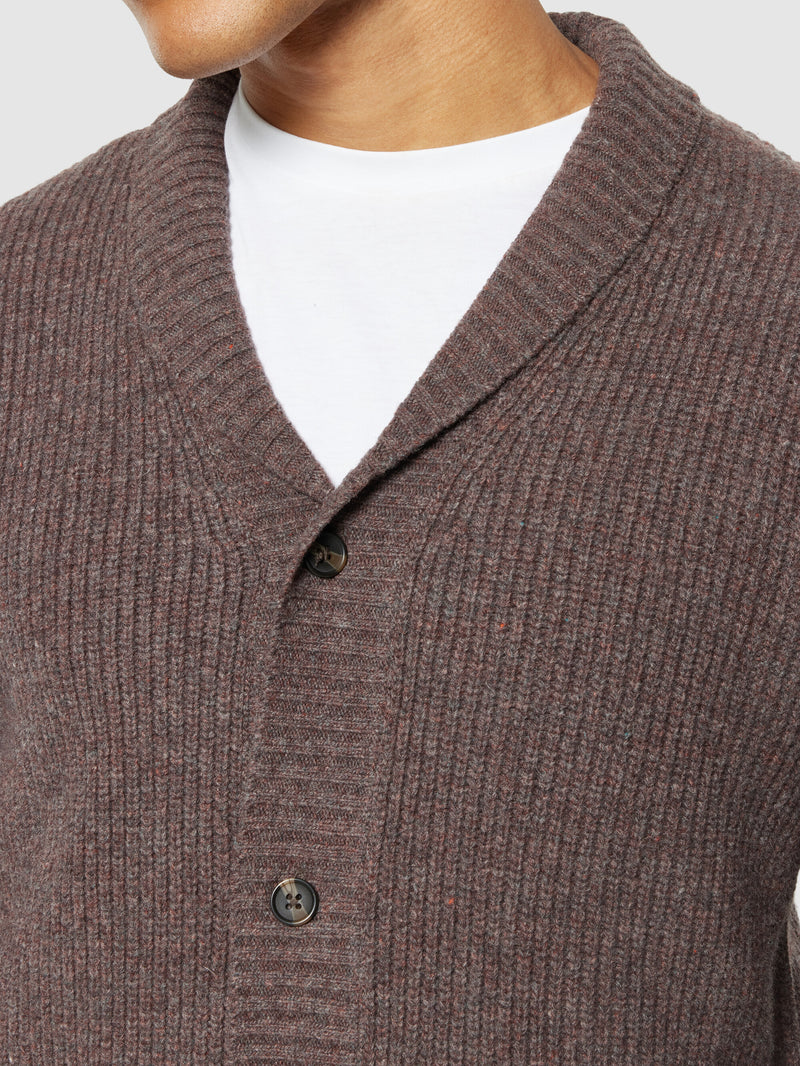 KnowledgeCotton Apparel - MEN Shawl neck wool cardigan - RWS Knits 1243 Demitasse (brown)