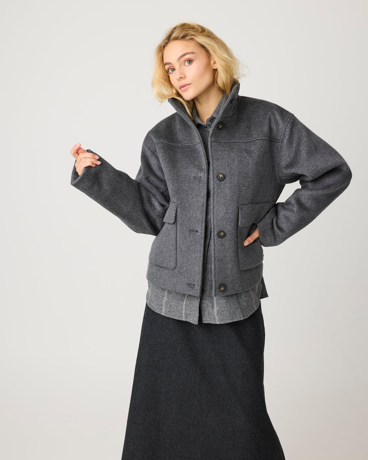 KnowledgeCotton Apparel - WMN Short wool jacket Jackets 1073 Dark Grey Melange