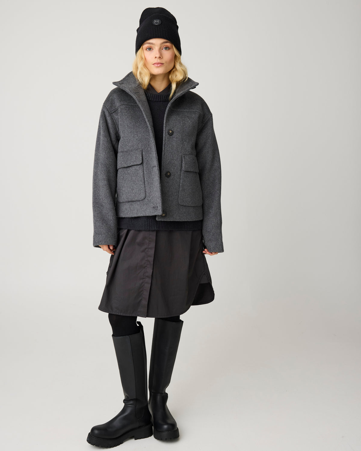 KnowledgeCotton Apparel - WMN Short wool jacket Jackets 1073 Dark Grey Melange