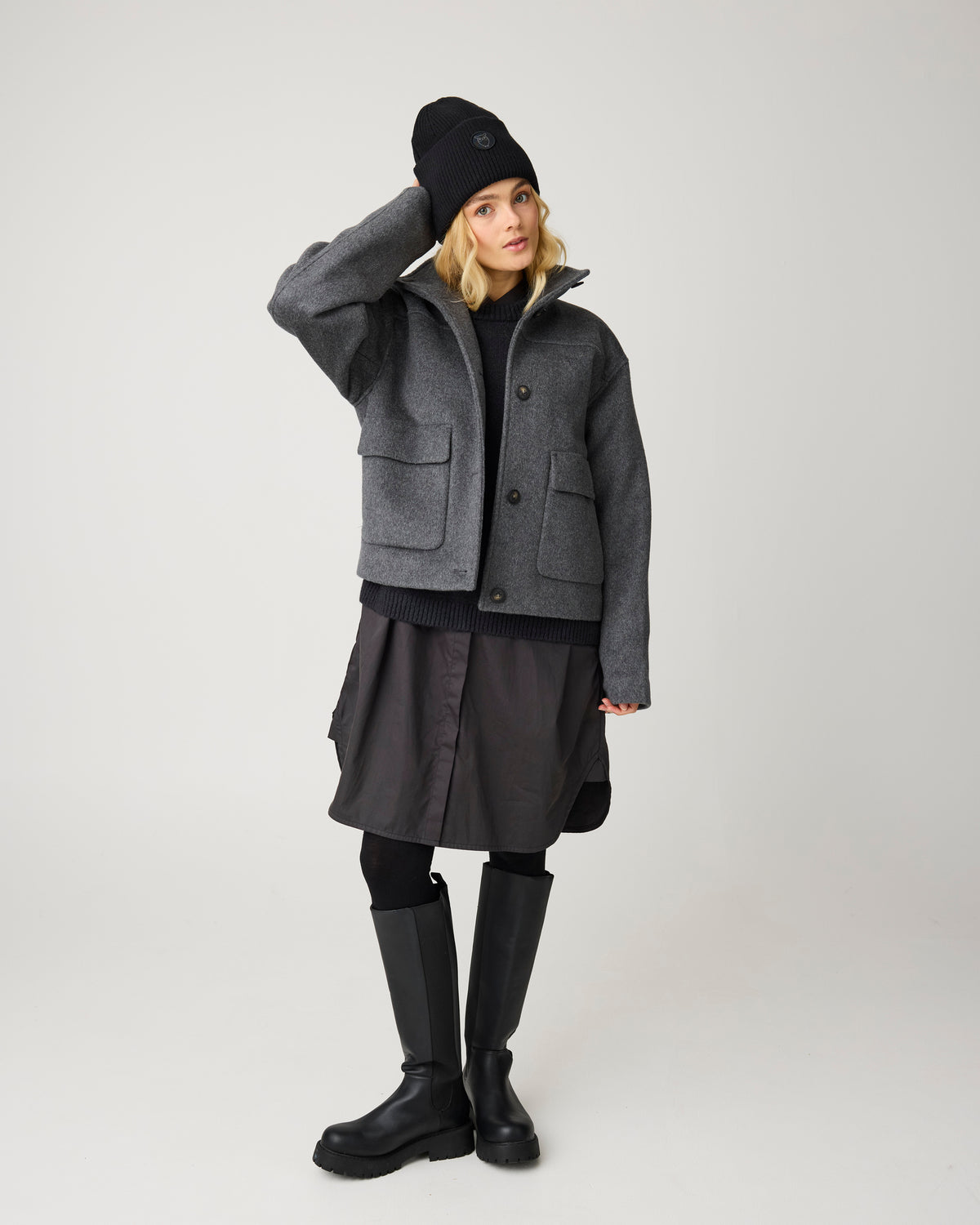 KnowledgeCotton Apparel - WMN Short wool jacket Jackets 1073 Dark Grey Melange