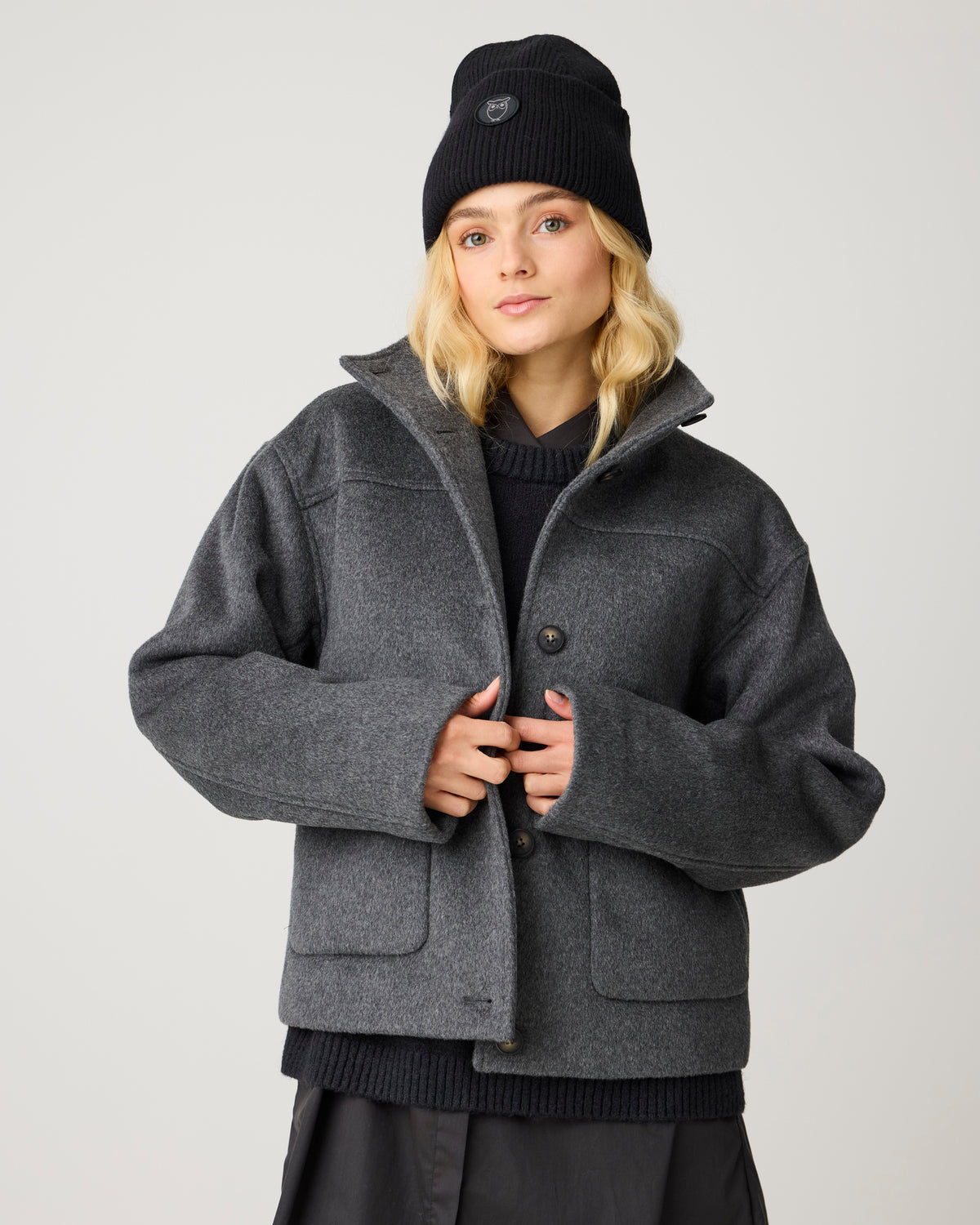 KnowledgeCotton Apparel - WMN Short wool jacket Jackets 1073 Dark Grey Melange