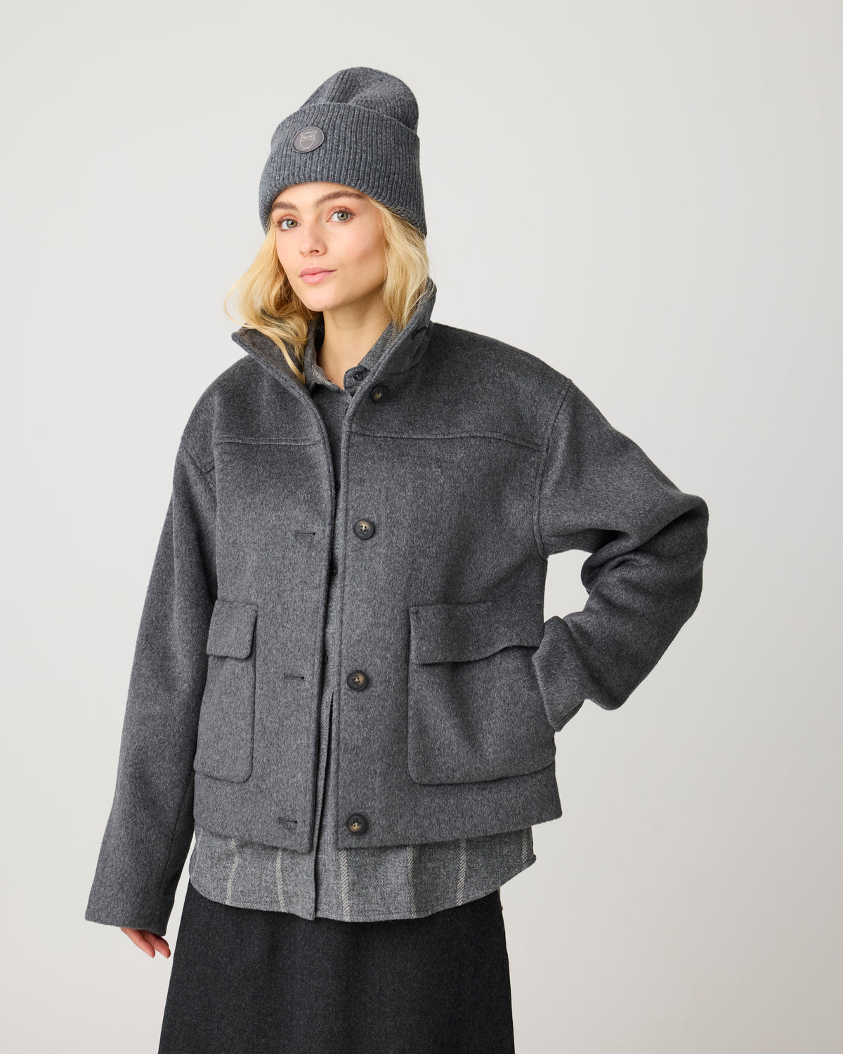 KnowledgeCotton Apparel - WMN Short wool jacket Jackets 1073 Dark Grey Melange