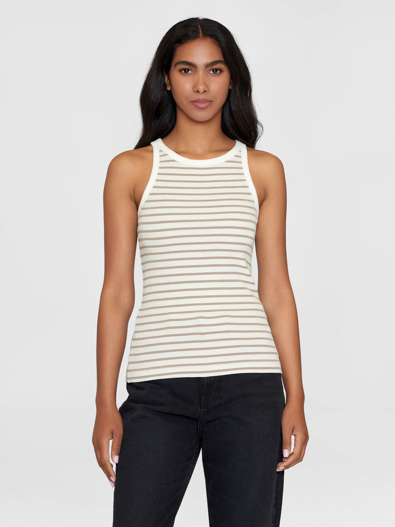 KnowledgeCotton Apparel - WMN Striped racer rib top T-shirts 8030 Beige stripe