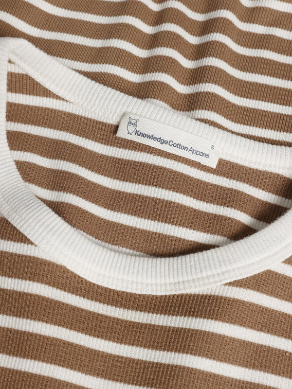 KnowledgeCotton Apparel - WMN Striped racer rib top T-shirts 8035 Dark Brown Stripe