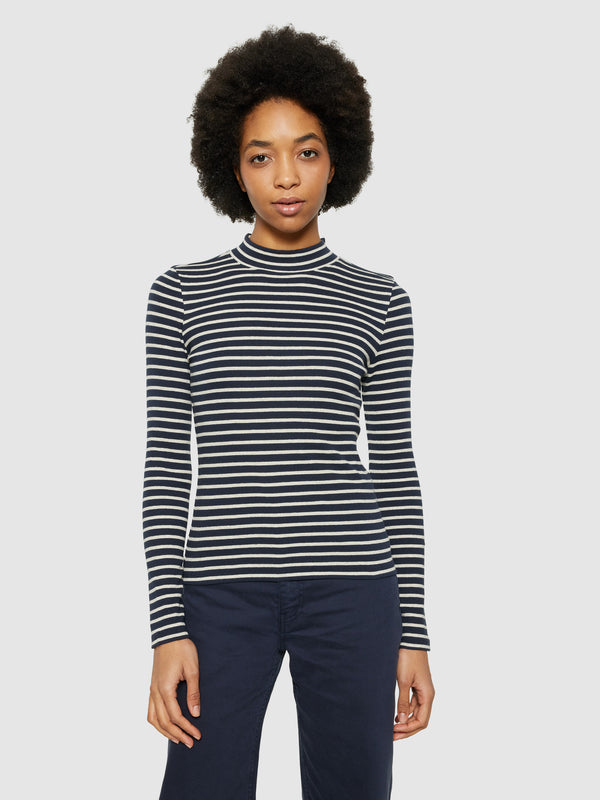 KnowledgeCotton Apparel - WMN Striped rib high neck long sleeved Long Sleeves 8003 Stripe - navy