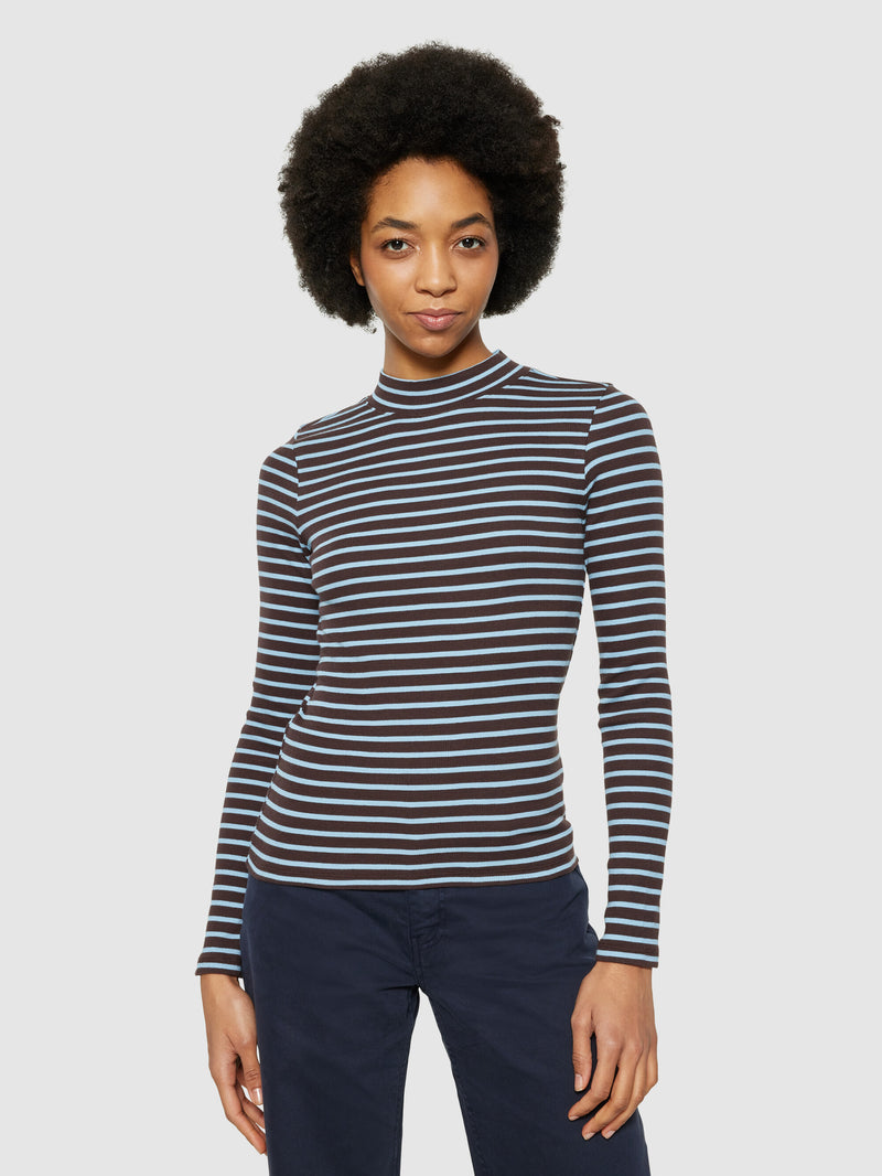 KnowledgeCotton Apparel - WMN Striped rib high neck long sleeved Long Sleeves 8026 Brown stripe