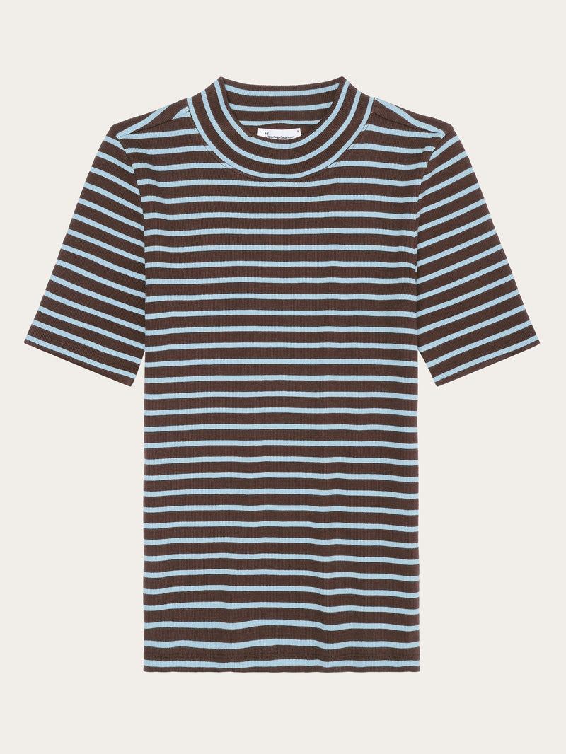 KnowledgeCotton Apparel - WMN Striped rib high neck short sleeved T-shirts 8026 Brown stripe