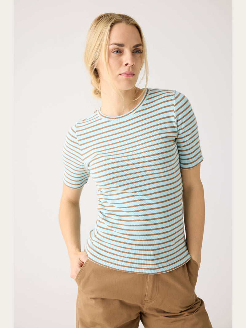 KnowledgeCotton Apparel - WMN Striped rib t-shirt T-shirts 8034 Light Blue Stripe