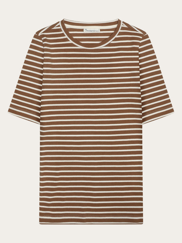 KnowledgeCotton Apparel - WMN Striped rib t-shirt T-shirts 8035 Dark Brown Stripe