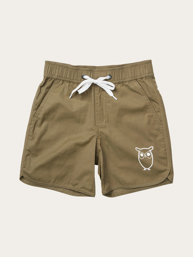 KnowledgeCotton Apparel - YOUNG Swim shorts with elastic waist and owl print Swimshorts 1068 Burned Olive