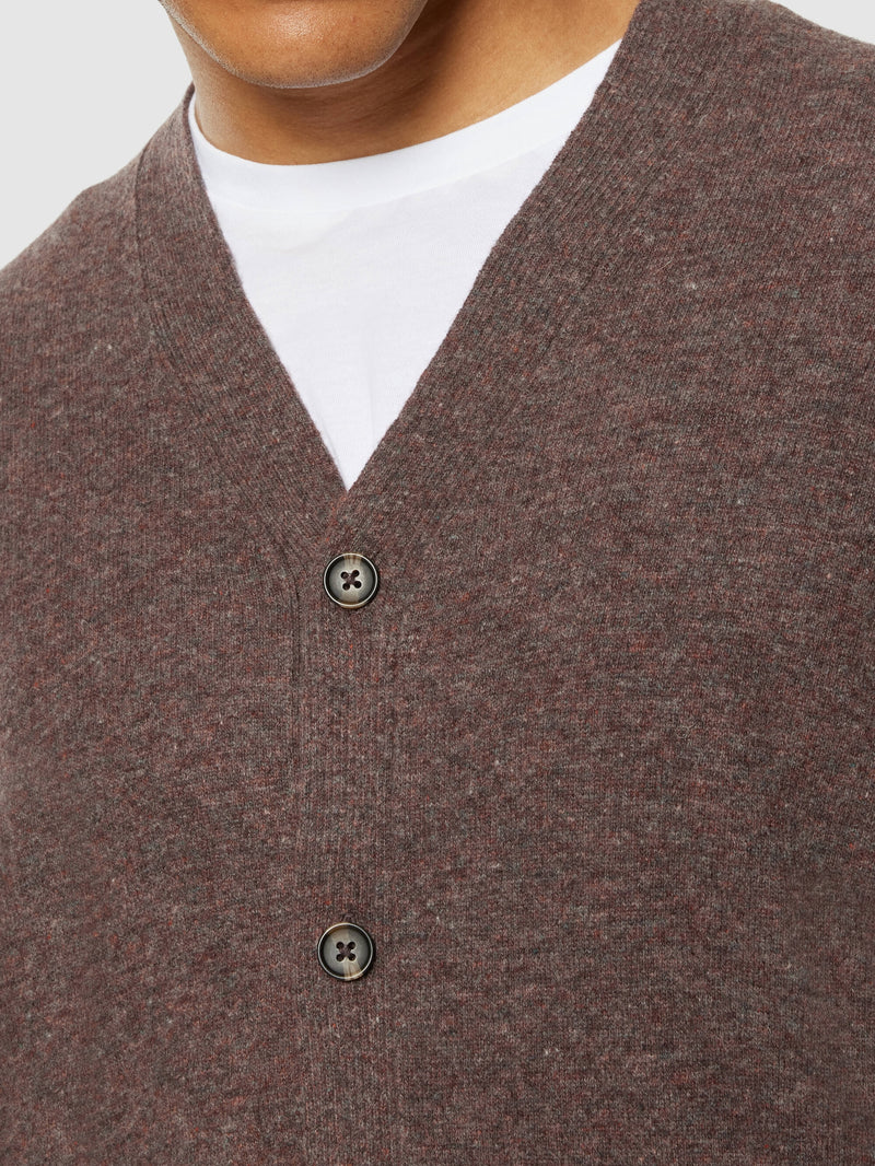 KnowledgeCotton Apparel - MEN V-neck wool knit cardigan - RWS Knits 1243 Demitasse (brown)