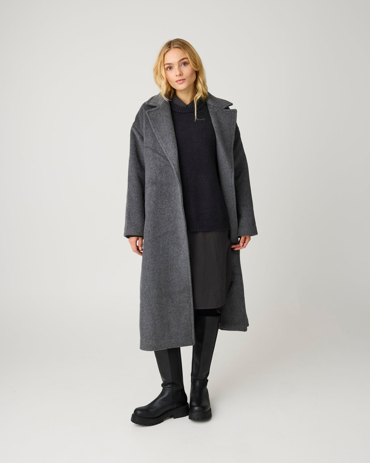 KnowledgeCotton Apparel - WMN Wool lapel coat Jackets 1073 Dark Grey Melange