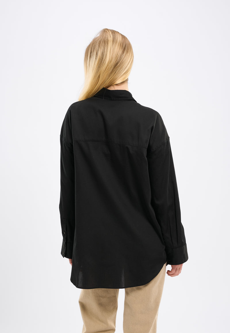 KnowledgeCotton Apparel - WMN Cotton satin oversized long sleeved shirt Overshirts 1300 Black Jet
