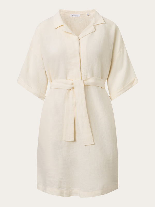 KnowledgeCotton Apparel - WMN Linen short sleeved safari collar midi dress Dresses 1348 Buttercream