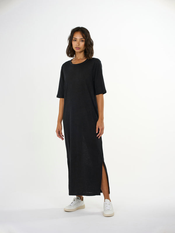 KnowledgeCotton Apparel - WMN Linen short sleeved t-shirt dress Dresses 1300 Black Jet