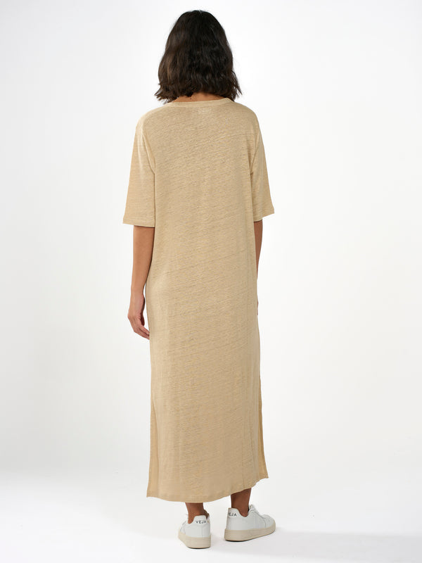 KnowledgeCotton Apparel - WMN Linen short sleeved t-shirt dress Dresses 1347 Safari