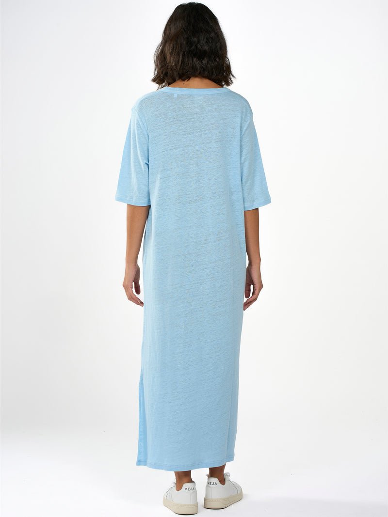 KnowledgeCotton Apparel - WMN Linen short sleeved t-shirt dress Dresses 1377 Airy Blue