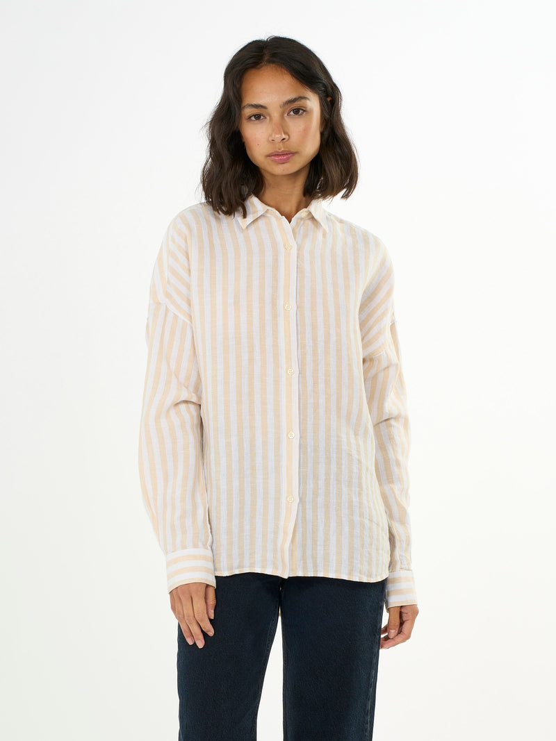 KnowledgeCotton Apparel - WMN Linen striped loose A-Shape Shirt Shirts 8002 Stripe - safari