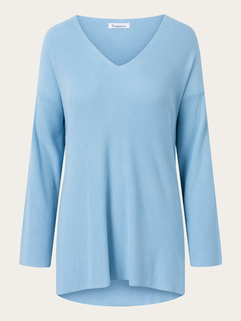 KnowledgeCotton Apparel - WMN Loose v-neck viscose knit Knits 1377 Airy Blue