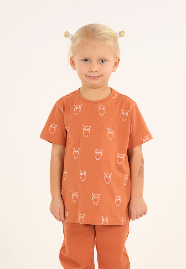 KnowledgeCotton Apparel - YOUNG Owl AOP t-shirt T-shirts 1367 Autumn Leaf