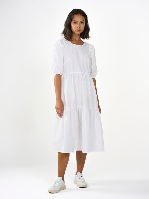 KnowledgeCotton Apparel - WMN Puff sleeve poplin dress Dresses 1010 Bright White