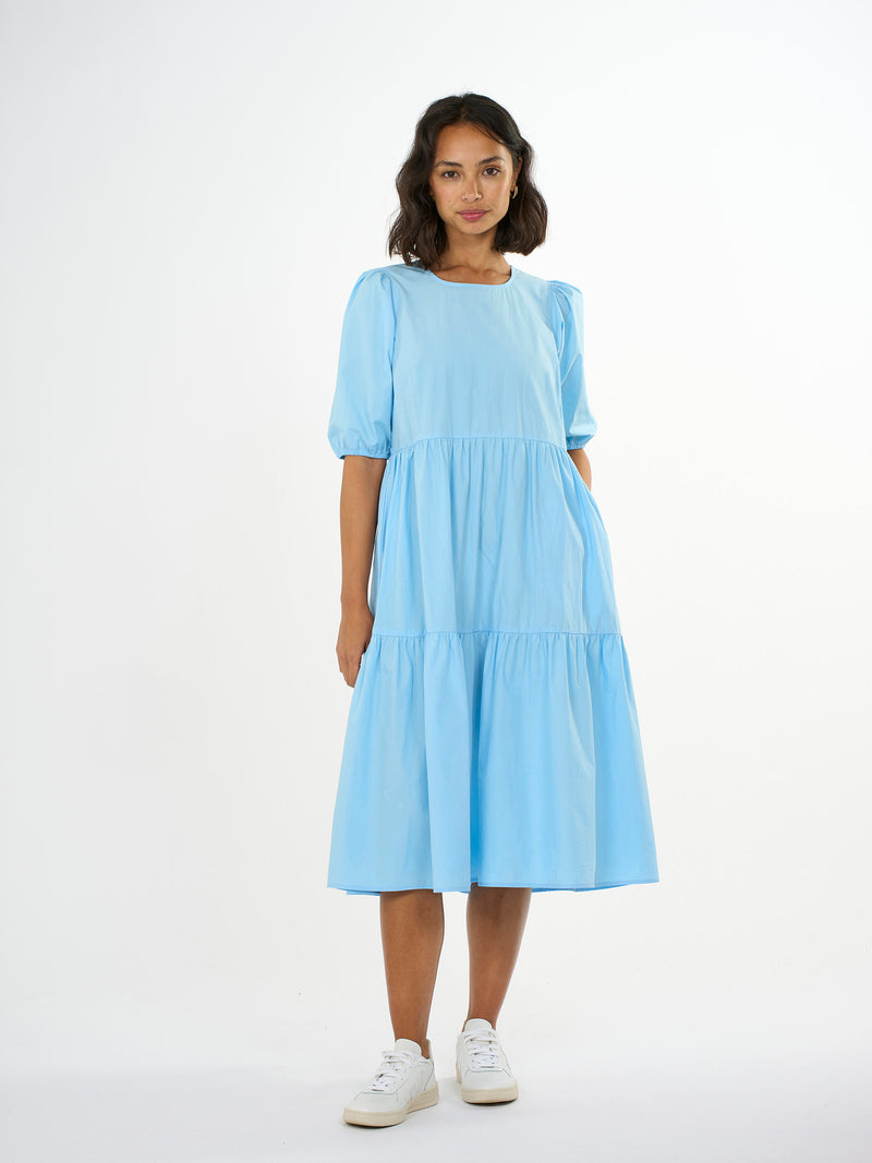 KnowledgeCotton Apparel - WMN Puff sleeve poplin dress Dresses 1377 Airy Blue
