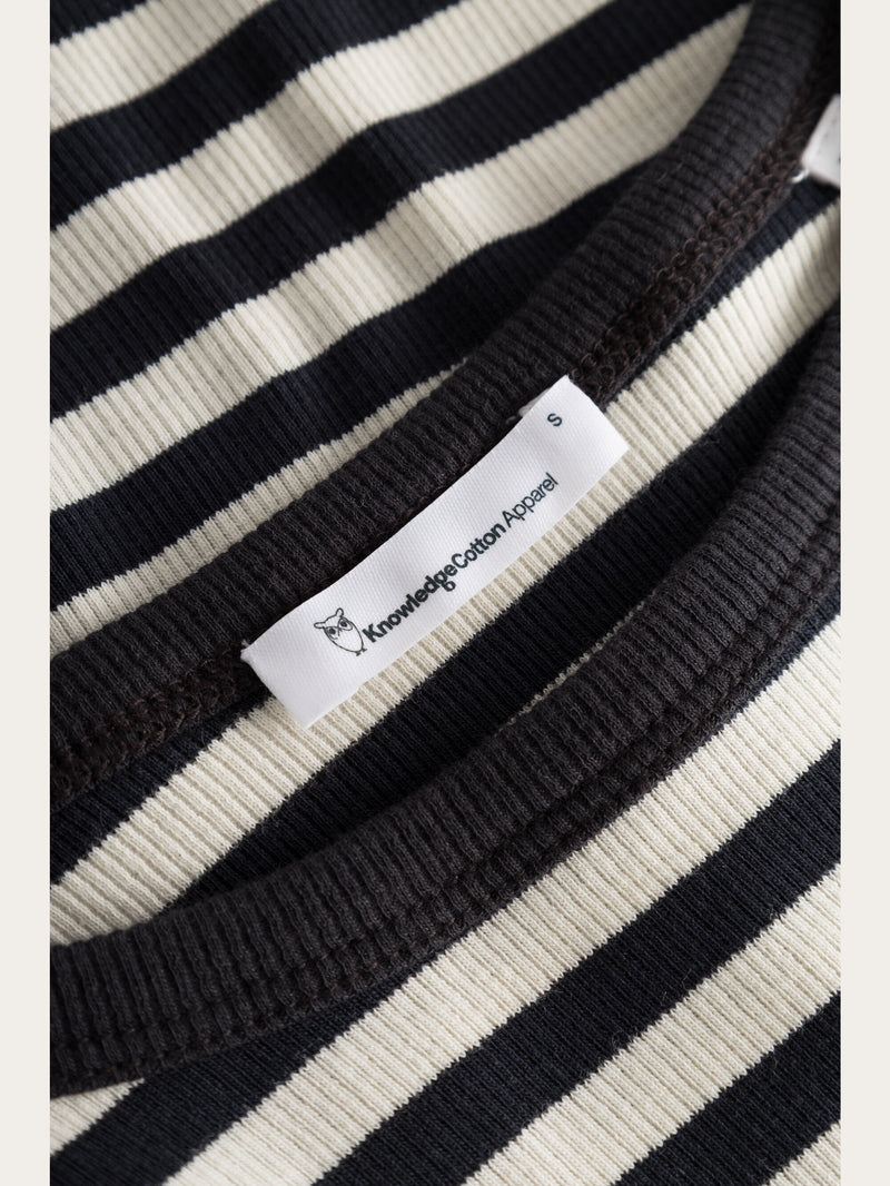 KnowledgeCotton Apparel - WMN Striped racer rib top T-shirts 8004 Stripe - black/white