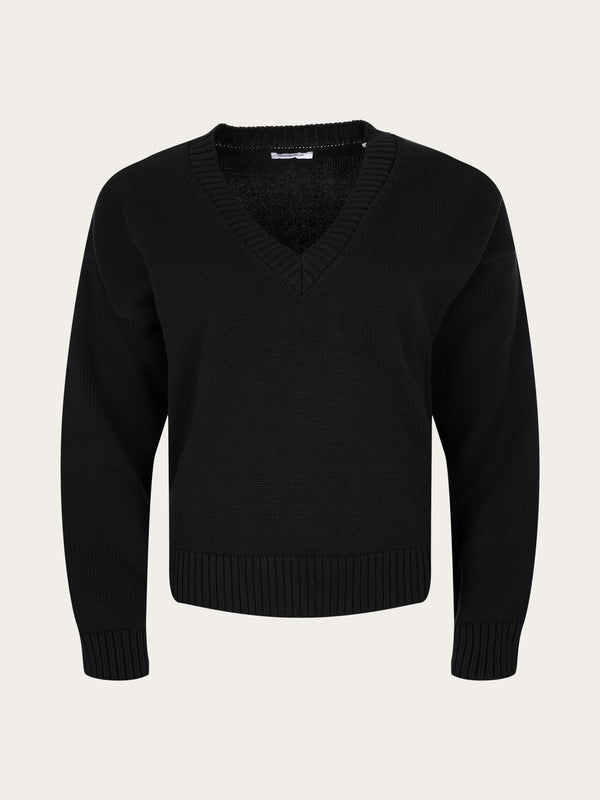 KnowledgeCotton Apparel - WMN V-neck long sleeved cotton knit Knits 1300 Black Jet