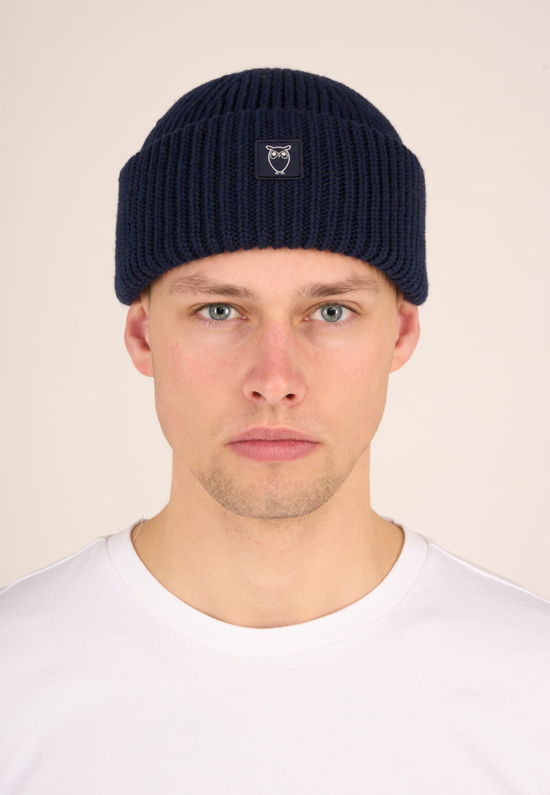 KnowledgeCotton Apparel - MEN Wool rib low beanie Hats 1001 Total Eclipse